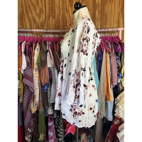 Torrid Modal Lace-Up Smocked Off-Shoulder Top White Floral Long Sleeves Sz 0 XL - Picture 6 of 10